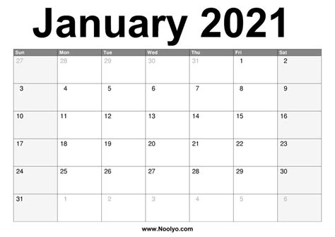 Download 2021 calendar printable with holidays, hd desktop wallpapers, yearly and monthly templates, 12 months, 6 months, half year, pdf, ms word, excel, floral and july 2021 calendar wallpaper: January 2021 Calendar Printable - Free Download - Noolyo.com