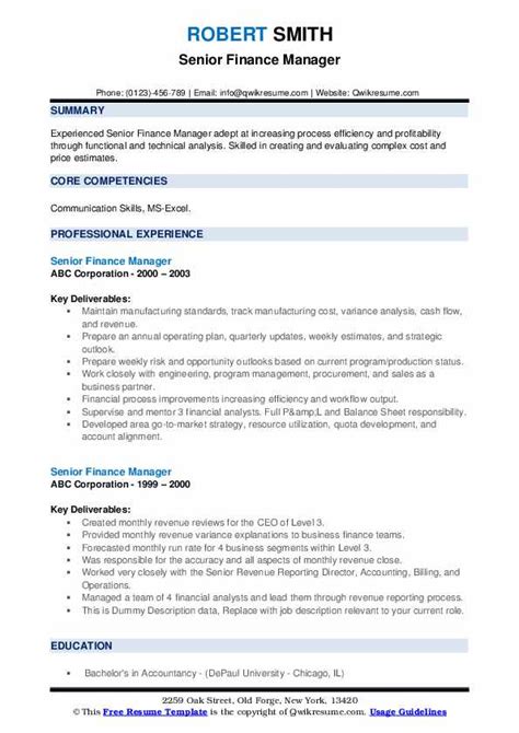 Start my cv see all templates Senior Finance Manager Resume Samples | QwikResume