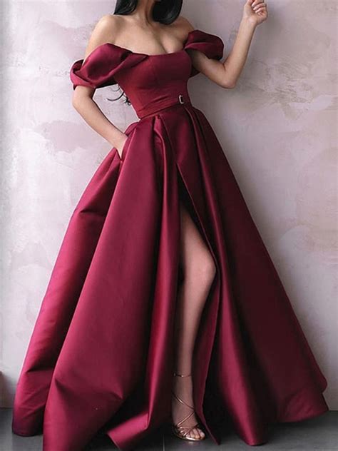 Off The Shoulder Burgundy Satin Prom Dresses Wine Red Long Formal Evening Dresses In 2021