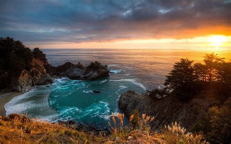 Landscape Sunset California Mcway Falls Ocean Sea Cliff Hd Wallpaper