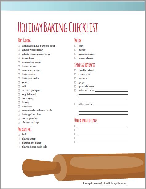 Free Printable Baking Ingredients Checklist Holiday Printable