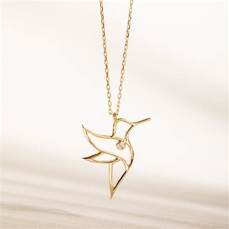 Diamond Hummingbird Pendant Necklace 14k 18k Solid Gold Dainty