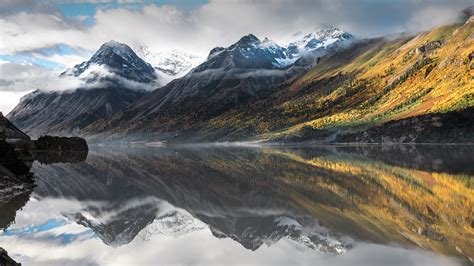 Nature Landscape Mountains Clouds Sky Trees Reflection Snow