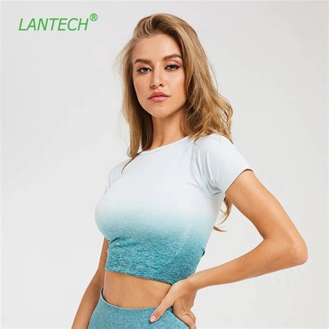 Lantech Gym Shirts Seamless Crop Tops Yoga Fitness Women Compression Tights Sports Short Sleeve