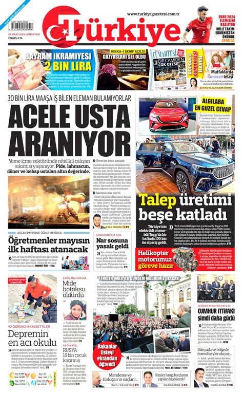 T Rkiye Gazetesi Gazetesi Mart Cumartesi