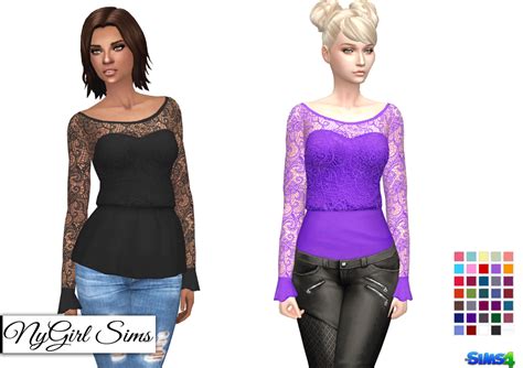 Nygirl Sims 4 Gathered Waist Lace Tops With Ruffle Sleeves