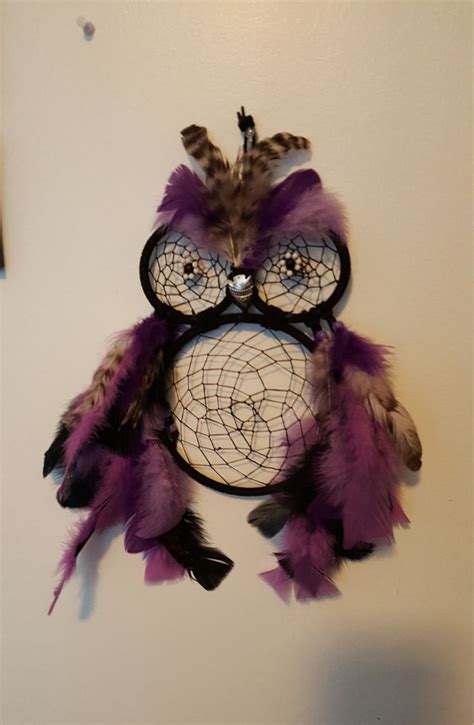 Purple And Black Owl Dream Catcher With Arrowhead Beak With Black And
