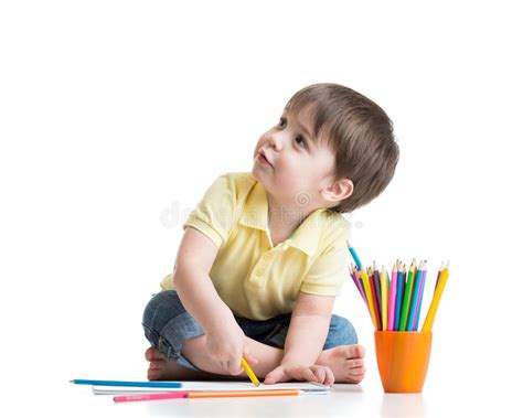 Happy Kid Drawing With Pencils In Album Stock Image Image Of Drawing