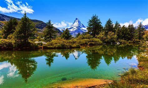 壁紙、スイス、湖、山、zermatt、アルプス山脈、トウヒ属、低木、自然、ダウンロード、写真