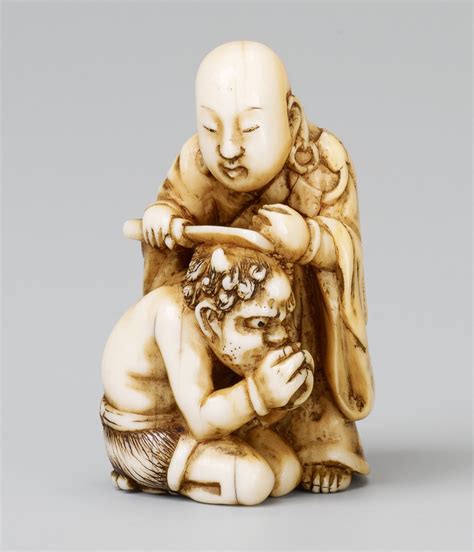 a tokyo school ivory netsuke of a priest and an oni by tomochika late 19th century auktion