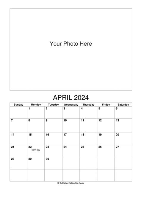 Download April 2024 Photo Calendar Word Version