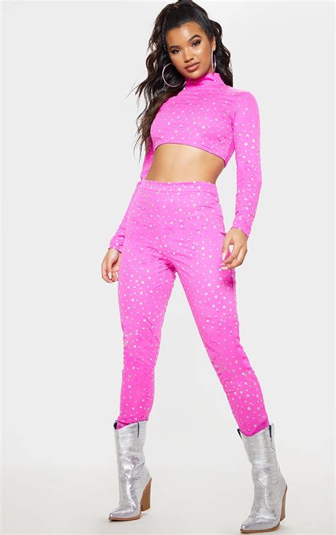 Hot Pink High Waisted Glitter Mesh Pant Prettylittlething Usa