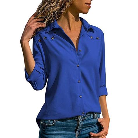 Button Down Polyester Top For Women Royal Blue Xxl In 2020 Blouses For Women Shirt Blouses