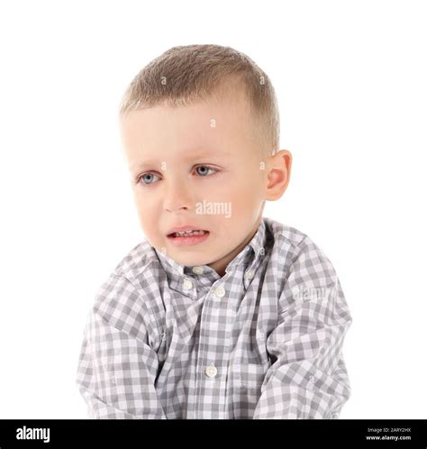 Portrait Of Sad Little Boy On White Background Stock Photo Alamy
