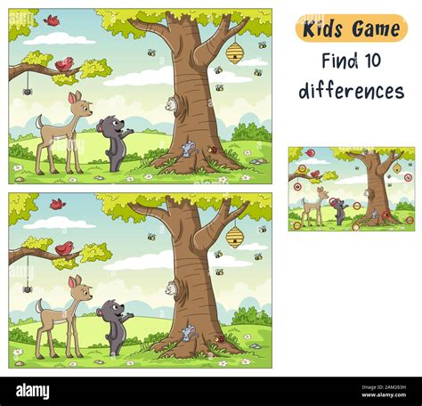 Find 10 Differences Funny Cartoon Game For Kids With Solution Vector