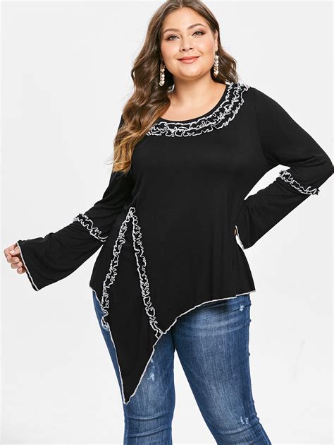 Wipalo Plus Size 5xl Ruffled Asymmetrical Shirts Women Long Sleeve O