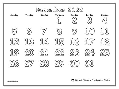 Kalender For Desember 2022 For Utskrift “56ms” Michel Zbinden No
