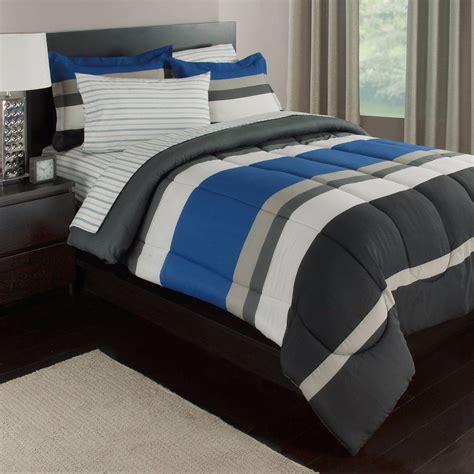 Blue White And Gray Stripes Boys Teen Twin Comforter Set 5 Piece Bed In