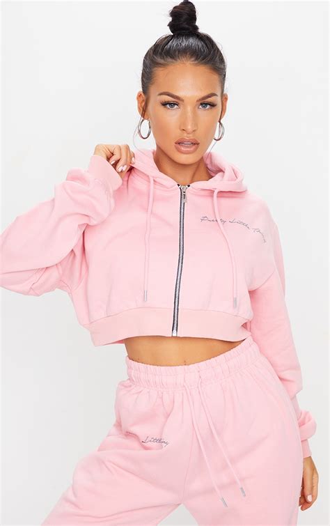 Plt Candy Pink Cropped Embroidered Zip Hoodie Prettylittlething Aus