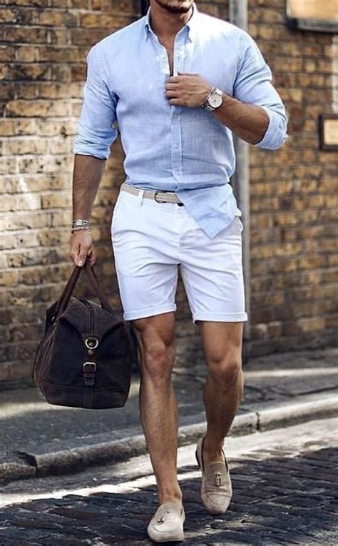 Perfect Mens Summer Outfit For The Weekend White Shorts Blue Dress Shirt With Rolled Up Sleeve