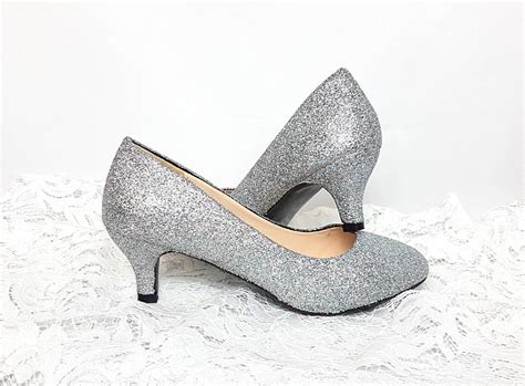 Silver Glitter Low Heel Silver Wedding Shoes Low Heel Silver Etsy