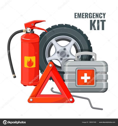 Emergency First Aid Kit And Necessary Auto Service Equipment Vector ⬇