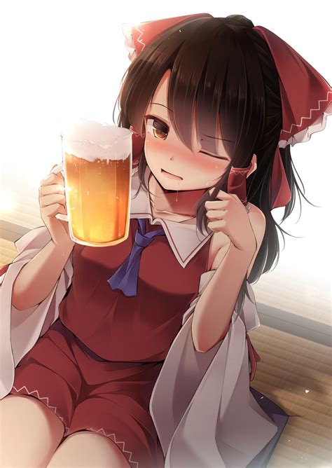 toyosaki shu hakurei reimu touhou highres 1girl alcohol beer beer mug blush bow brown