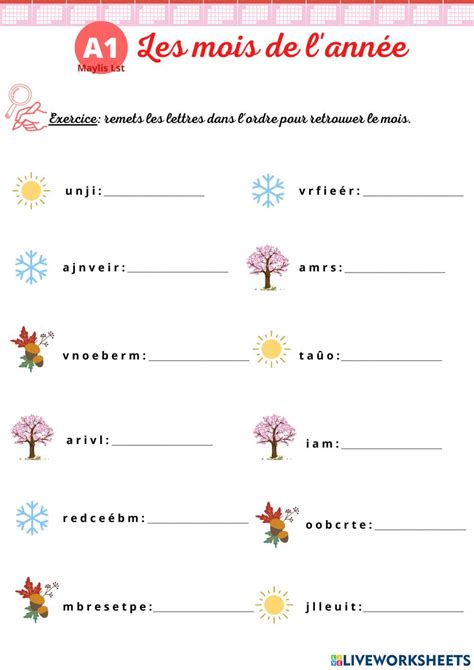 Les Mois De L Annee Online Exercise For Grade French Worksheets Hot