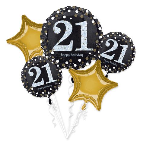 21st Happy Birthday Foil Balloon Bouquet Black Silver Gold Age 21