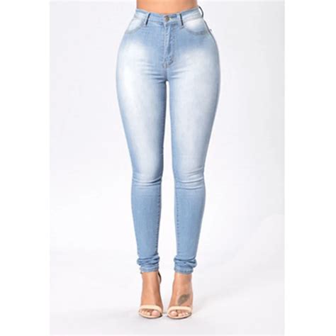 Women Casual Elastic High Waist Single Breasted Pocket Skinny Jeans