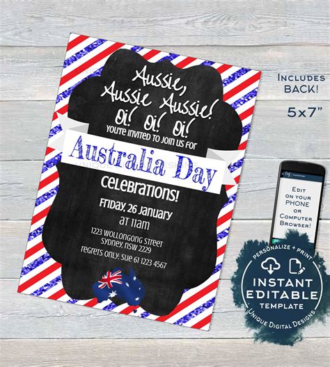 Editable Australia Day Invitation Aussie Invite Oi Oi 26 January Flag