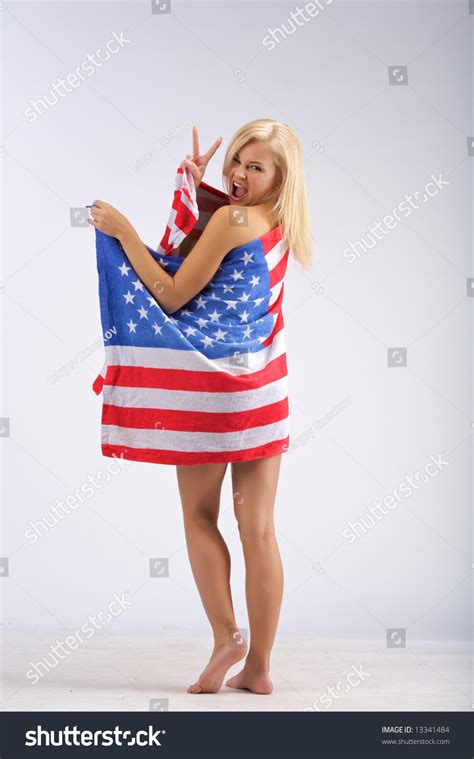 Naked Girl American Flag Stands Shows Foto Stok Shutterstock