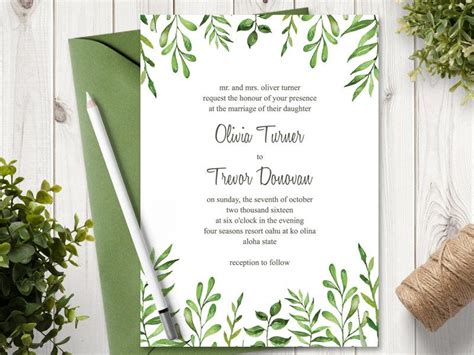 Watercolor Wedding Invitation Template Lovely Leaves Green Diy