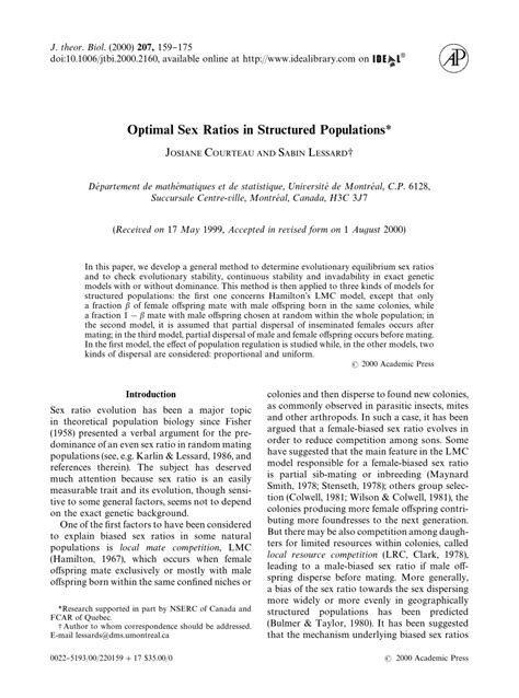 Pdf Optimal Sex Ratios In Structured Populations