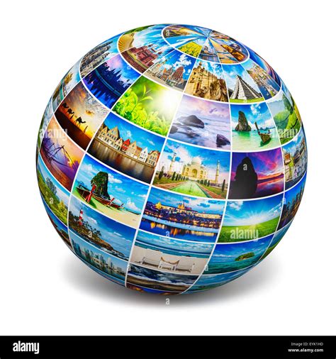 Global travel media world globe concept - picture sphere with travel Stock Photo - Alamy