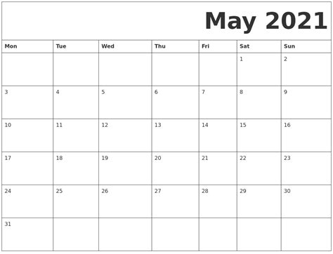 Calendar 2021 Monday To Sunday Printable Free Example Calendar Printable