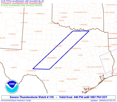 The watch is set to expire at midnight. Storm Prediction Center Severe Thunderstorm Watch 179