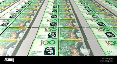A Laid Out Collection Of Bundled One Hundred Australian Dollar Bill