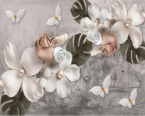 Beibehang 3d Wallpaper Stereo Relief White Four Pearls Flowers Nordic
