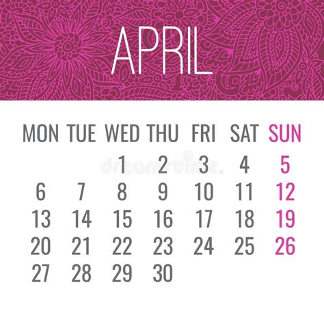 April Year 2020 Monthly Doodle Ornate Calendar Stock Vector