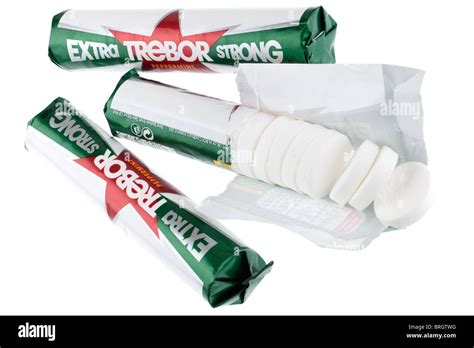 Three Packets Of Trebor Extra Strong Mints One Pack Opened Stock Photo