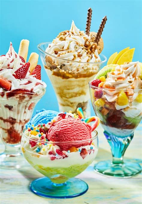 Three Delicious Ice Cream Sundaes On Table Stock Image Image Of