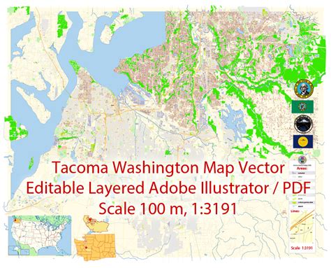 Tacoma Washington Map Vector Exact City Plan Detailed Street Map