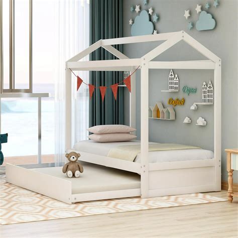 White Montessori House Bed With Trundle For Kids Toddlers Beach House
