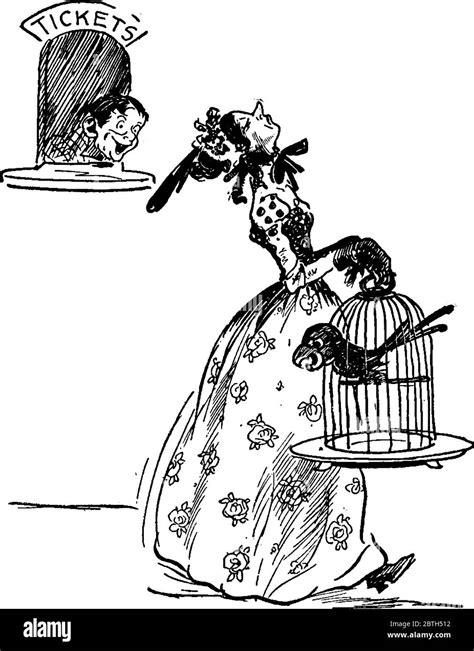 Cartoon Zeigt Eine Frau Mit Halten K Fig Vogel Vintage Linie Zeichnung