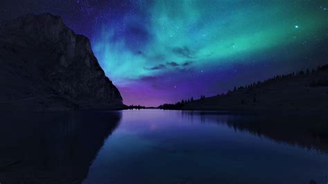 Aurora Borealis Northern Lights Over Mountain Lake Full Hd 2k Wallpaper