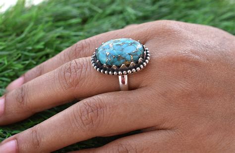 Blue Copper Turquoise Ring Silver Ring Boho Ring Etsy