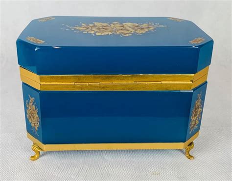 Blue Opaline Hinged Glass Box With Gilt Frame Hand Painted 9 X 625