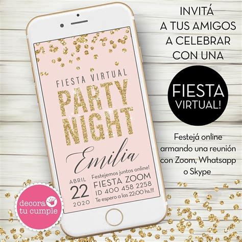 Invitación Digital Virtual Cumpleaños Party Night Fondo Rosa Glitter