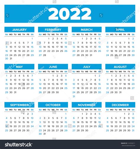 Simple 2022 Year Calendar Week Starts Stock Vector 514533211 Shutterstock